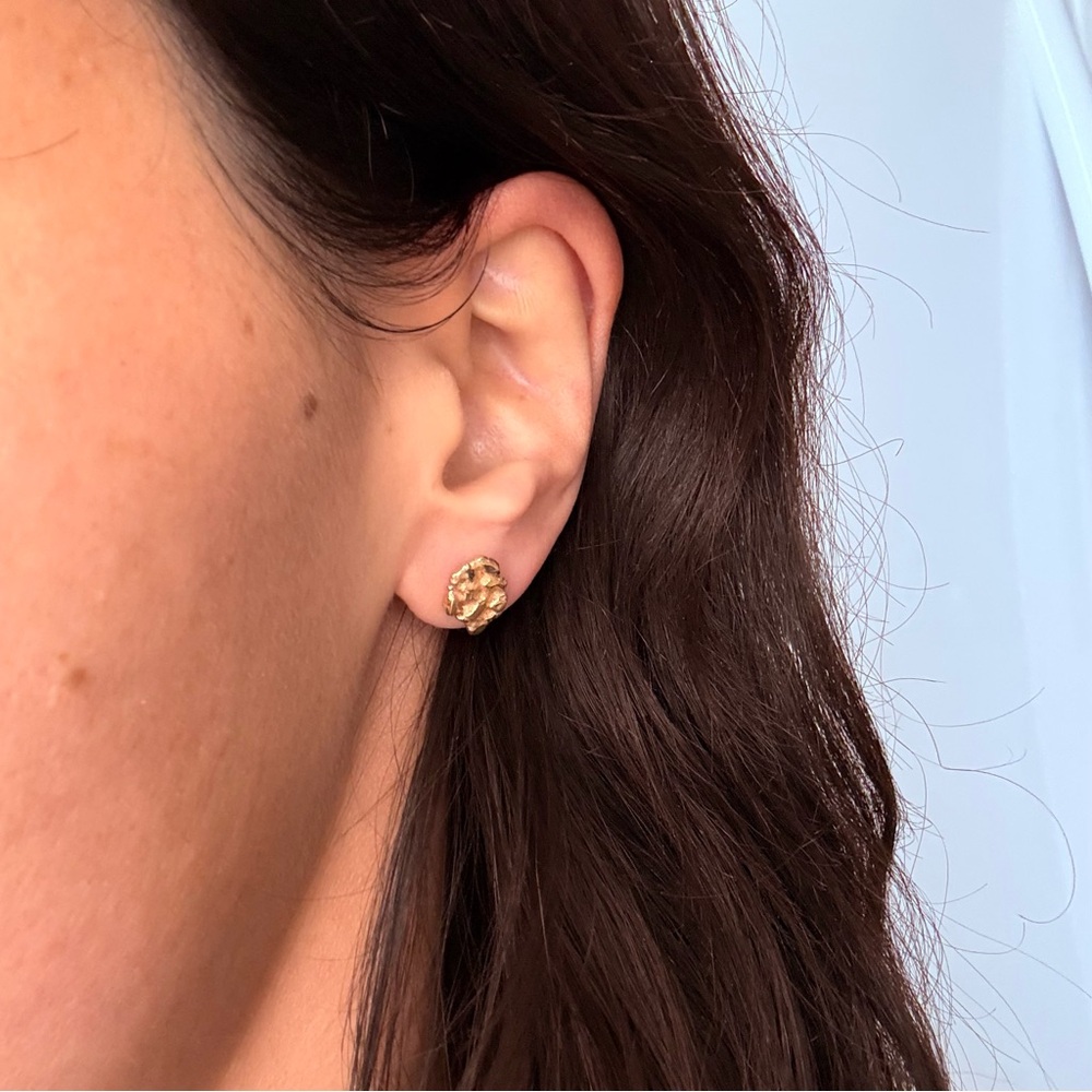 14K Solid Gold Nugget Textured Stud Earrings - Picture 10 of 11